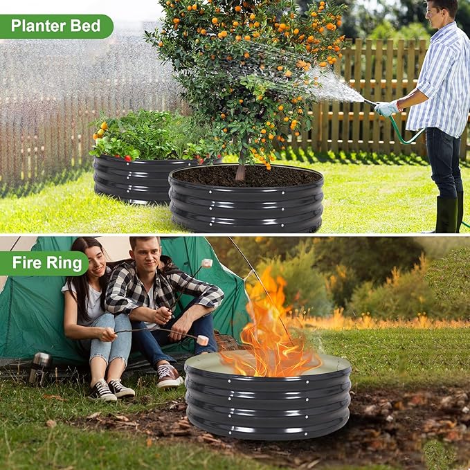 Galvanized Raised Garden Bed- 2Pcs Metal Planter Boxes Outdoor | 12 Tall 36 Round Steel Raised Bed Kit &amp Fire Pit Ring for Gardening with Protective Tape for Vegetables Flower (Grey)