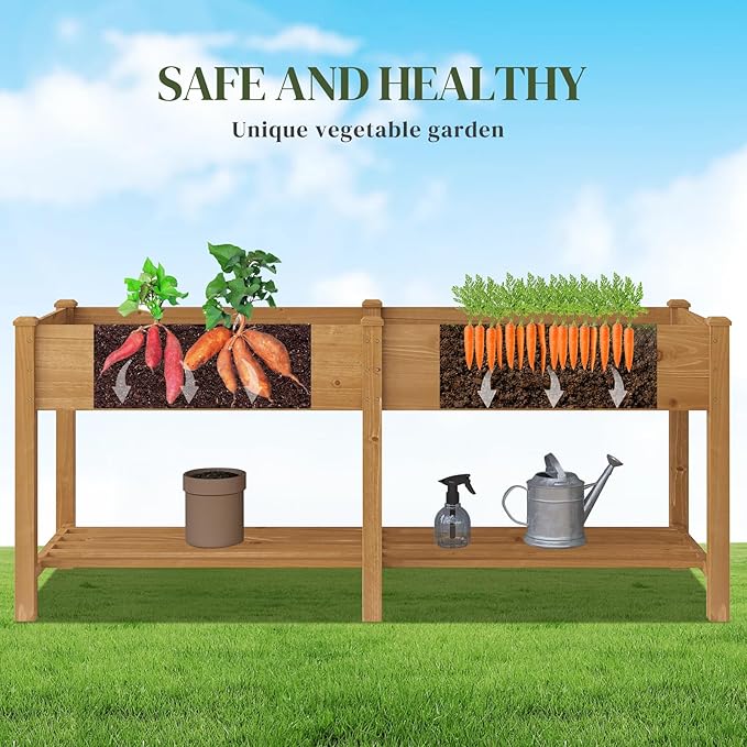Wooden Raised Garden Bed Planter Box with Legs Garden Planter with Divider Bag for Backyard Patio Balcony Planter Stand Box for Herbs and Vegetables (Brown-L)