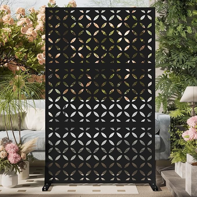 Cofar Metal Privacy Screen Outdoor 72 H×44 W -Black Freestanding Outdoor Privacy Panels with Stand Decorative Fence for Patio Deck Balcony（Clover）