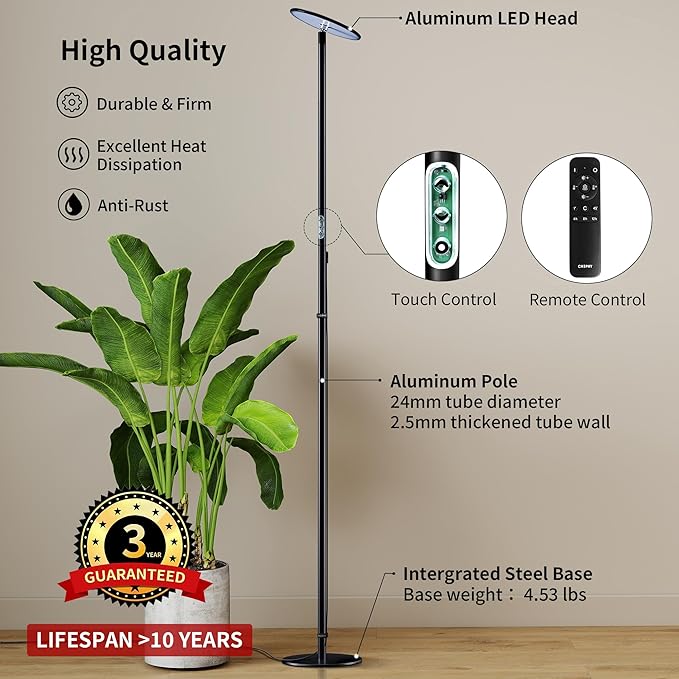 chiphy Grow Lights 85 Full Spectrum Plant Light for Indoor Plants 4/8/12H Timer 40W Grow Lamp 10 Dimmable Brightness Height Adjustable Ideal for Large Tall Plants