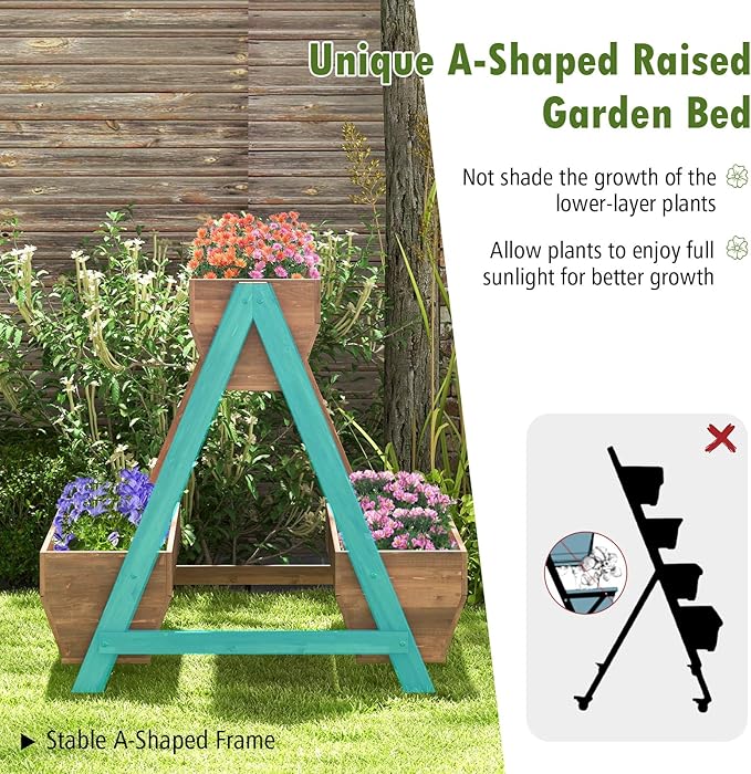 Vertical Raised Garden Bed Tiered Wooden Flower Bed with 3 Planter Boxes and 6 Drainage Holes for Vegetable Flower Fruit Indoor Outdoor Planter for Garden Yard Balcony (44”x36”x35”)