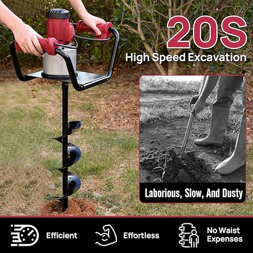 DC HOUSE 1500W Electric Post Hole Digger Earth Auger Hole Digger Digging Tools Auger with 6 Digging Bit Set with Reverse Function Prune Farmland and Garden