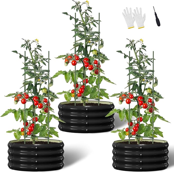 DoCred 3 Pack 2x2x1Ft Round Galvanized Raised Garden Bed Metal Garden Bed Outdoor with Tomato Cages for Gardening Above Ground Planter Box for Plants Vegetables Herbs Flowers Black