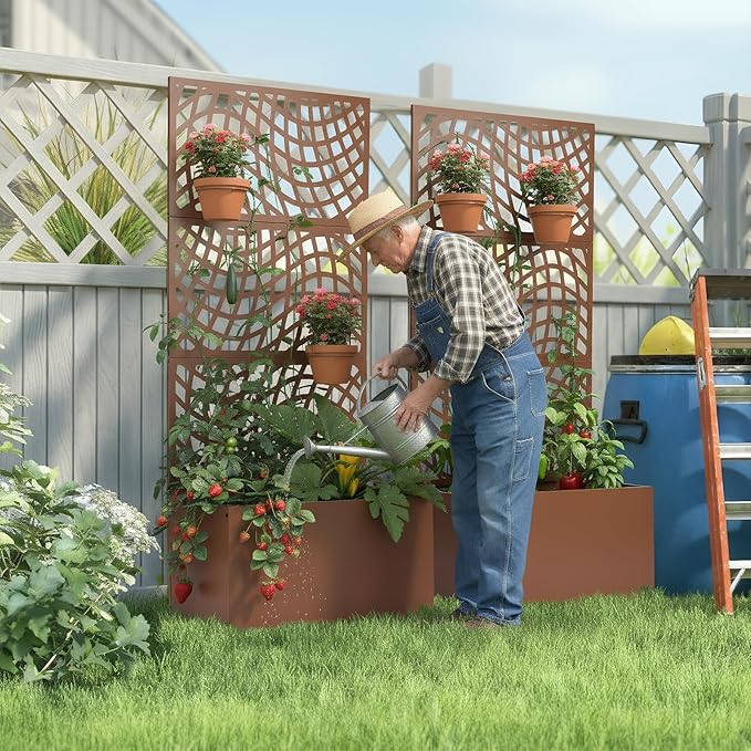 Outvita Metal Planter Box with Trellis 71’’ x 32’’ x 16’’ Raised Garden Bed with Drainage Holes for Climbing Plants Vegetables Vines Wavy Grid Cutout Privacy Planters for Patio (Brown)