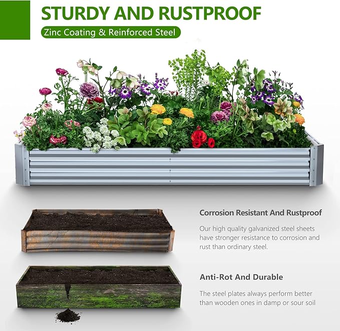 8×4×1FT Galvanized Raised Garden Bed Kit PETNOZ Easy Quick Setup Raised Garden Boxes Outdoor With Metal Stake To Fix Optional Size Rustproof Planter Box With No Bottom For Vegetables Flowers Herbs