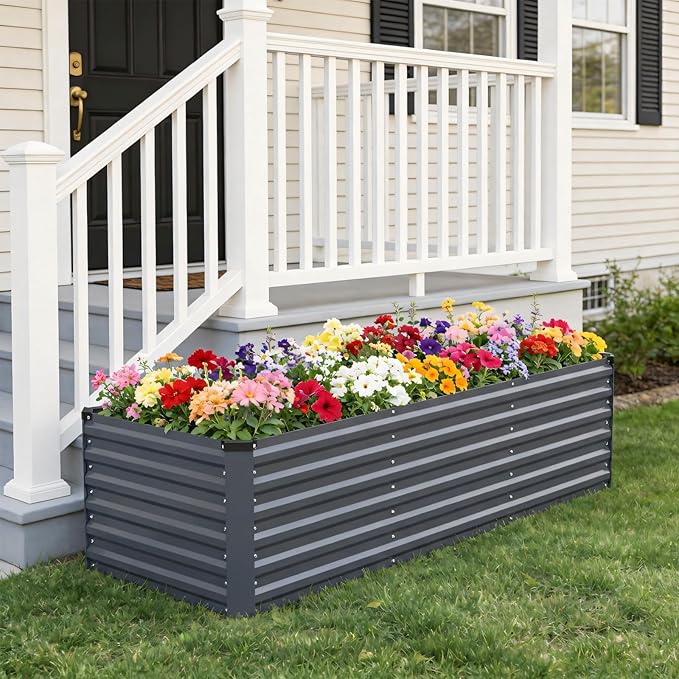 INNO STAGE 8x3x2ft Galvanized Raised Garden Bed Raised Garden Bed Kit-Metal Planter Box Outdoor Planting for Vegetables Fruits Herbs Flowers Grey