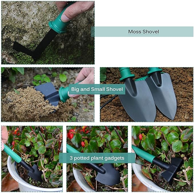 Garden Tools Set 10 PCS Garden Planting Tools Kit Stainless Steel Garden Tool Set Kit with Green Carrying Case &amp Ergonomic Handle for Weeding Loosening Soil Watering