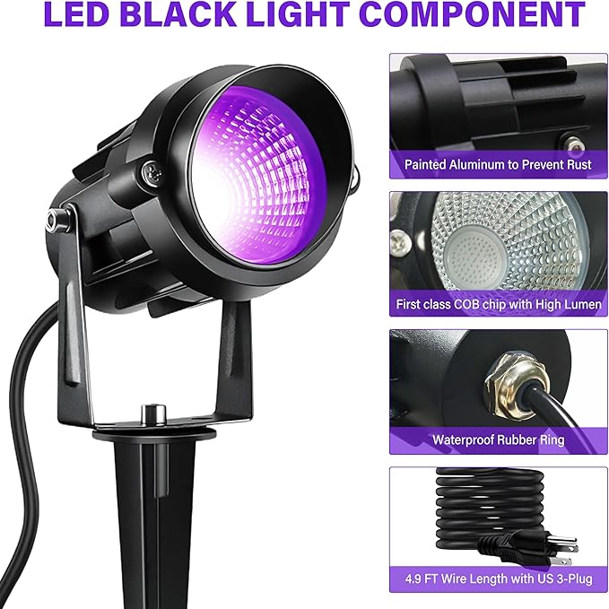 Halloween Christmas Outdoor Spotlights Purple Spotlight 4 Pack 110V Plug-in Outdoor Blacklight12W UV Halloween Black Light Spot Lights Outdoor with IP65 Waterproof for Party Body Paint