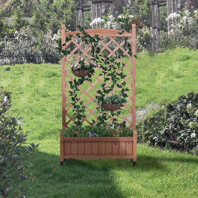 Donext 2-Pack Raised Garden Bed with Trellis 42.3 Inch Wood Planter Box with Wheels &amp Drainage Holes Portable Elevated Box for Climbing Plants(Brown)