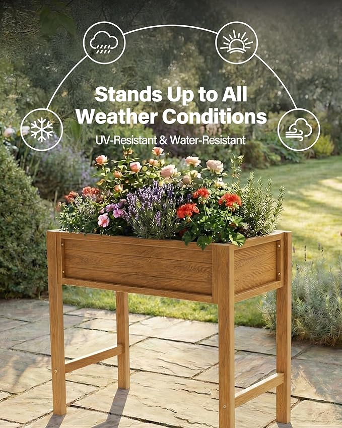 YEFU Raised Garden Beds Outdoor: 34x18x30in Weatherproof Teak Raised Garden Bed for Vegetable Herb Plant Gardening - HIPS Planter Boxes Outdoor with Legs on Patio Deck for Suburban Homeowners