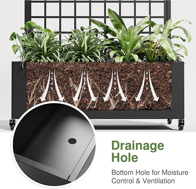 Casaphoria 72x35 Metal Raised Garden Bed with Trellis(2 Pack) Outdoor Planter Box with Wheels &amp Drainage Holes for Climbing Plants Flowers Elevated Garden Kit with Privacy Screen Black-Grid