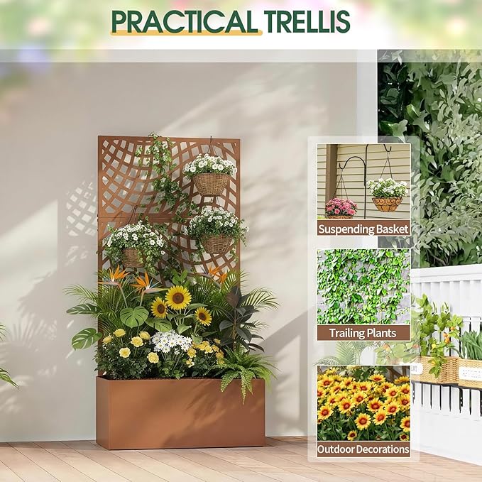 Outvita Metal Planter Box with Trellis 71’’ x 32’’ x 16’’ Raised Garden Bed with Drainage Holes for Climbing Plants Vegetables Vines Wavy Grid Cutout Privacy Planters for Patio (Brown)