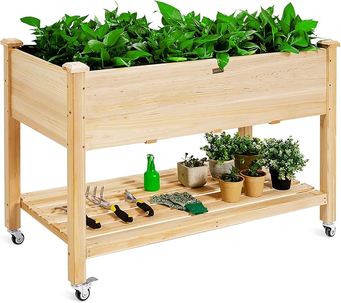 Giantex Raised Garden Bed on Wheels Wood Planter Box with Legs Liner Drain Holes Elevated Garden Bed for Vegetables Standing Garden Container for Backyard Patio 47.5 LX 23.5 WX 33 H