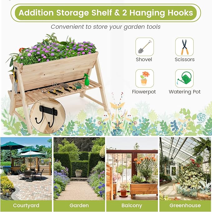 S AFSTAR 3-Tier Vertical Garden Bed Wooden Elevated Planter Bed with Legs Storage Shelf 2 Hooks Raised Bed Kit for Flower Vegetable Herb Outdoor Plant Box Stand for Yard Garden &amp Balcony
