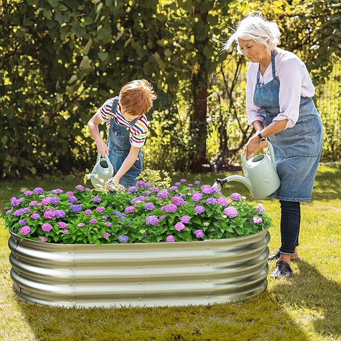Raised Garden Bed Kit4x2x1ft Galvanized Planter Box Outdoor with Safety EdgingRust-Resistant Garden Bed - Oval Large Metal Raised Garden Beds for Vegetables…（2 Pack）
