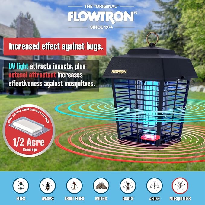 Flowtron Electric Bug Zapper 1/2 Acre Outdoor Insect Control with Dual Lure Method 15W UV Light &amp Octenol Attractant for Fly &amp Mosquito 5600V Kill Grid Made in USA UL Certified