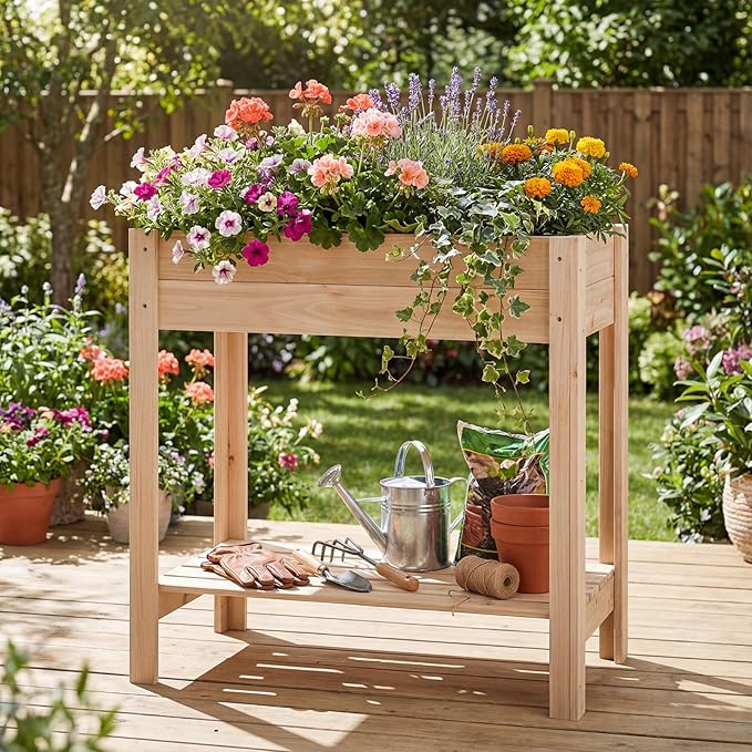 Giantex Wood Raised Garden Bed w/Lower Shelf Planter Box with Legs for Flower Herb Vegetable Fruit Indoor Outdoor Elevated Raised Beds for Gardening Backyard Patio Balcony