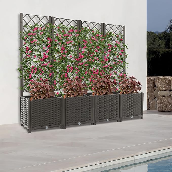 4pcs Planter Box with Trellis Privacy Screen 56H Plastic Raised Garden Bed with Trellis Outdoor Flower Standing Planter with Drainage Hole Privacy Garden Box for Climbing Plants (Dark Brown)