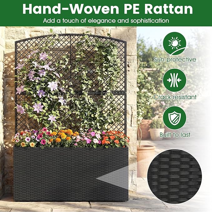 Happygrill Raised Garden Bed with Trellis 58 Wicker Planter Box with Privacy Screen Liner Drainage for Patio Balcony Outdoor PE Rattan Elevated Garden Bed for Climbing Plant Vine Flower (Black2)