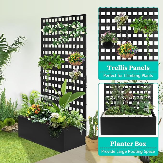 Metal Planter Box with Trellis Raised Garden Bed with Drainage Holes Privacy Planters for Patio as a Privacy Screen for Climbing Plants Outdoor (35x18x71Inch)