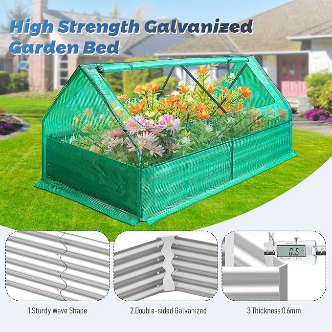 6 x 3.1 x 3FT Raised Garden Bed with Cover &amp Double Window 3-in-1 Raised Planter Box Kit with Double Window &amp Smooth Zippers Galvanized Raised Garden Bed with Small Greenhouse for Flower Her