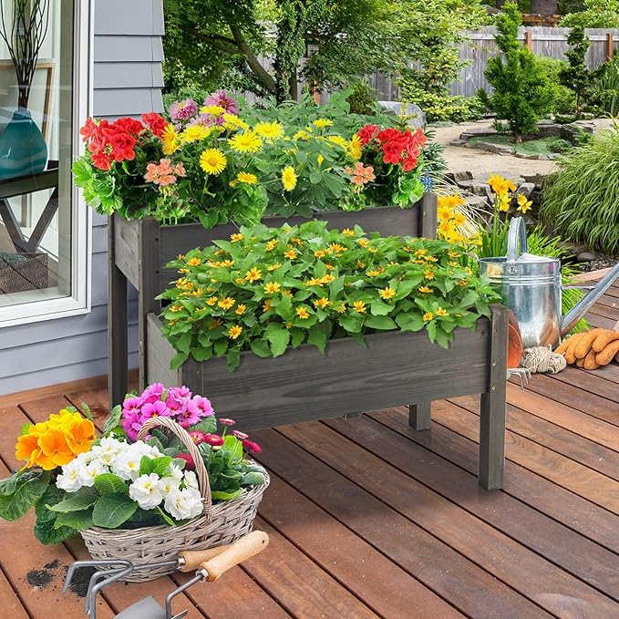 RELAX4LIFE 2-Tier Raised Garden Bed - Fir Wood Garden Elevated Planter Box with Legs 8 Drainage Holes220 Capacity for Growing Vegetable Elevated Garden Bed for Outdoor Yard Patio Balcony (Gray)