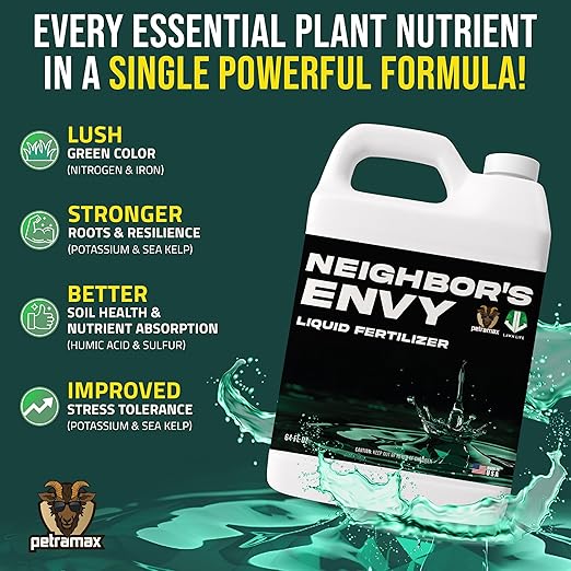 PetraMax Neighbor’s Envy Grass Fertilizer for Lawn &amp Garden 64 Ounce Covers up to 8000 sq.ft. 7-in-1 Liquid Lawn Fertilizer Concentrate for Deep Green Turf - Includes Nitrogen/Iron/Humic/Sea Kel