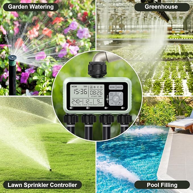 Watering Timer 4 Zone Sprinkler TimerProgrammable Garden Outdoor Hose Faucet Timer with Rain Delay/Manual/Automatic Watering SystemWater Hose Irrigation Timers 4 Outlet for Garden