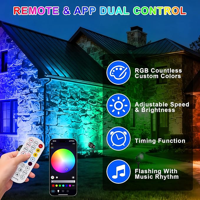 RGB Color Changing Spotlights Outdoor LED Landscape Lighting with Remote/APP Control Music Sync &amp Timing Mode IP65 Waterproof Outdoor for Yard Garden Pathway Christmas Halloween 4 Pack