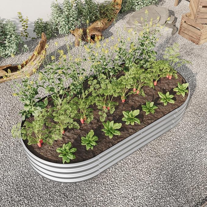 Outdoor Raised Garden Bed for Plants Vegetables and Flowers Oval Large Metal Raised Bed Kit Durable Galvanized Planter Boxes for Garden Backyard Easy Assembly (Silver 70.86x35.43x 11.42 in)