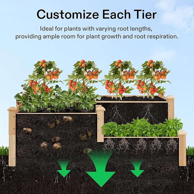 VIVOSUN 3-Tier 3-Grid Wooden Raised Garden Bed 42.5 x 34.5 x 15 Inches Outdoor Elevated Wood Planter Box with Screwdriver for Gardens Patios Backyards Balcony and Outdoors
