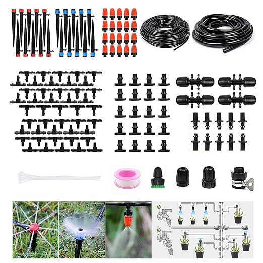 240FT Drip Irrigation System Kit Garden Watering System with 1/2 Inch Hose 1/4 Inch Distribution Tubing Nozzle Emitters and Accessories Adjustable Irrigation System for Greenhouse Yard Lawn