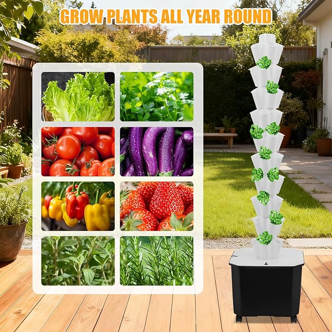 Hydroponic Growing System Kit Aeroponic Tower 50 Hole Garden Vertical Vegetable Planting System with Pump&ampTimer and Mobile 11.89Gal Water Tank (White)