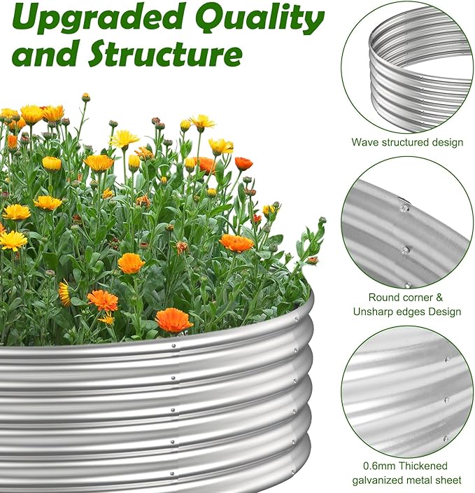 PINPON 4x4x1ft Round Galvanized Raised Garden Bed Outdoor Large Metal Planter Box for Vegetables Flower and Herb Garden Above Ground Galvanized Steel Garden Bed for Backyard Patio