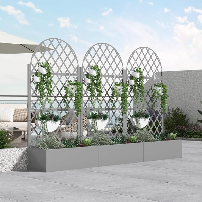 Casaphoria Metal Raised Garden Bed with Trellis and Wheels 72x35x16 Arched Planter Box for Climbing Plants Vegetables &amp Vines Features Drainage Holes and Privacy Screen (Grey-Laurence)