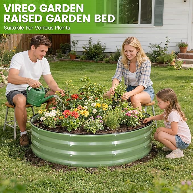 Galvanized Raised Garden Bed Outdoor 2Pcs | 4x4x1ft Metal Raised Beds for Gardening with Safety Rubber Strip | Round Planter Box for Plants Like Vegetables Fruits Flowers Olive Green