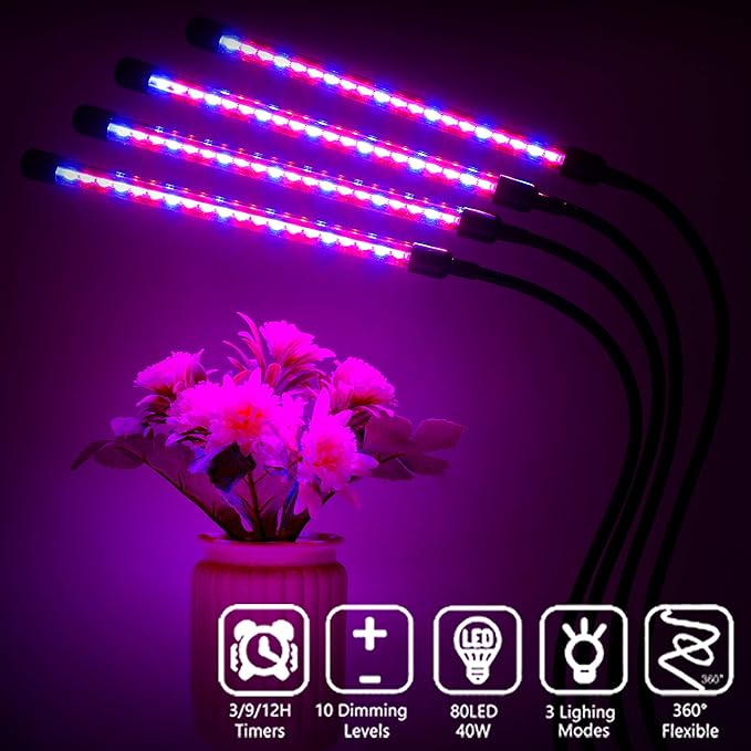 Plant Grow Lights for Indoor Plants Full Spectrum80 LED Plant Lights for Indoor Growing with Timer 4 Head Clip Indoor Plant Grow Lamp for House Plants with 3 Lighting Mode/10 Brightness