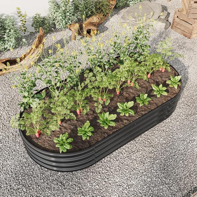 LICOME Large Raised Garden Bed Galvanized Metal Planter Box Outdoor 70.8 x 35.4 Oval Garden Beds Easy Assembly Raised Beds for Gardening (Black + 70.86 x 35.43 x 11.42 inches)