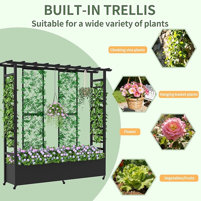 Raised Garden Bed with Trellis &amp Hanging Roof Weatherproof Metal Planter Box with Wheels Garden Arch Trellis for Outdoor Climbing Plants Vines Flowers 74 H x 77 L x 17 W Black