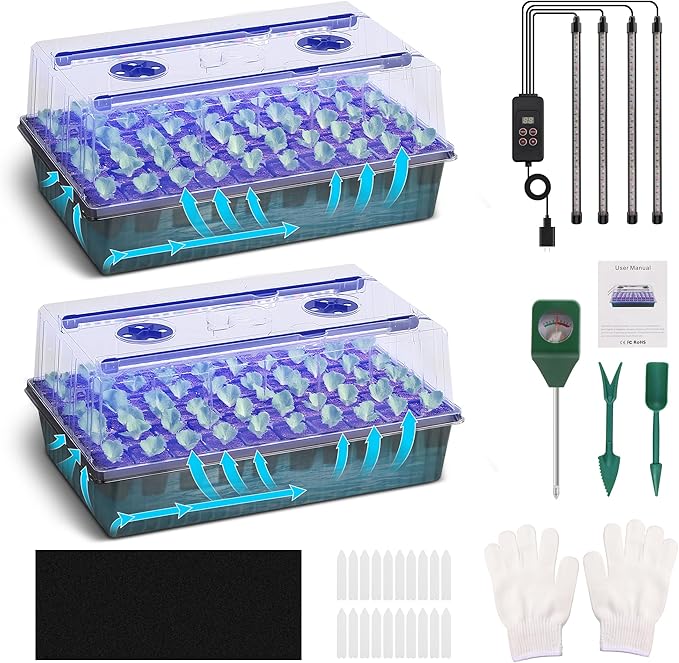 120-Cell Self-Watering Seed Starter Tray with Grow Light 1–24H Timer Humidity Dome Soil pH Meter Gloves Seedling Tools – Indoor Seed Starting Kit for Plant Germination Herbs Vegetables Flowers