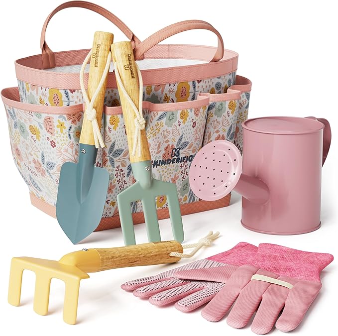 Gardening Set Tool Kit for Kids STEM Includes Tote Bag Spade Watering Can Rake Fork Trowel and Gloves (Petal)