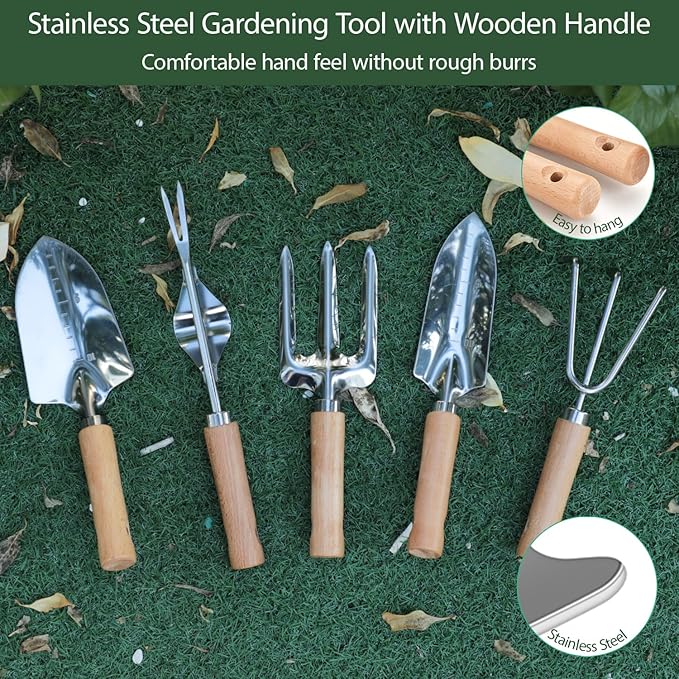 Garden Tool Set 10 Piece Kit with Heavy Duty Folding Stool Detachable Storage Tote Bag Stainless Steel Tools Gifts for Women Men Green