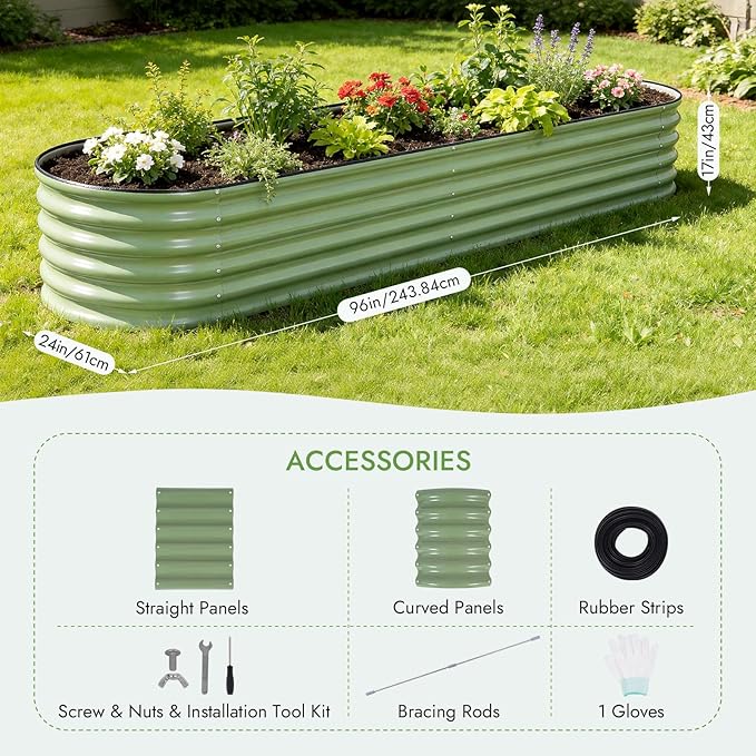 INNO STAGE Galvanized Raised Garden Bed Kits 8x2x1.4FT Metal Raised Garden Beds Outdoor 17'' Tall Large Steel Raised Planter Bed for Vegetables &amp Flowers Patio Ground Planter Box (Olive Green 2