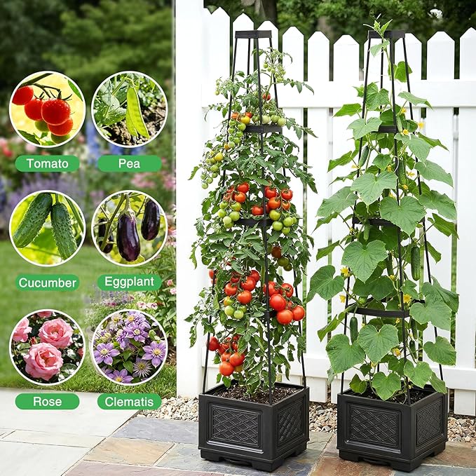 Tomato Planter with Wheels &amp Self Watering - 57 Tiered Pot with Drip Tray for Climbing Plants Vegetable Vine Flowers - Mobile Indoor/Outdoor Gardening for Small Space Patio Balcony (2 Pack)