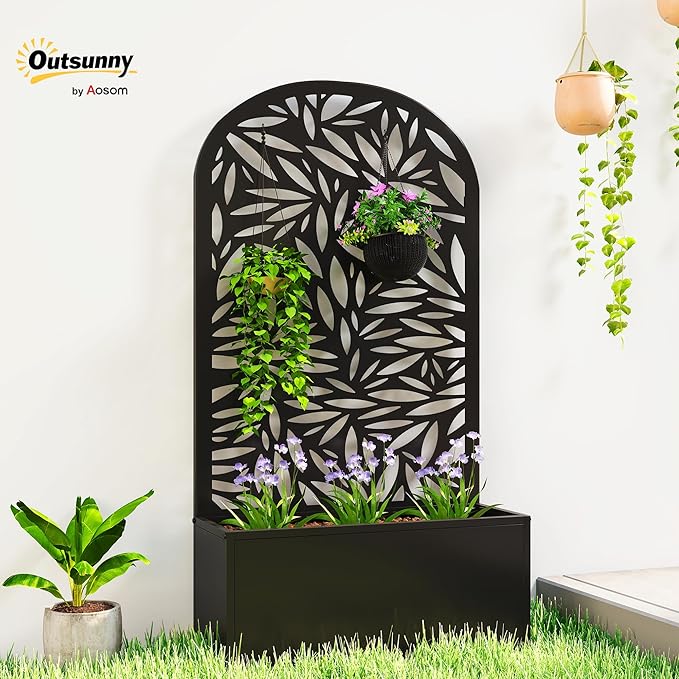 Outsunny Metal Raised Garden Bed with Trellis for Climbing Plants Freestanding or Wall Mounted Flower Bed with Cueved Privacy Panel Leaves Cut-Out Outdoor Planter Box for Garden Patio Balcony