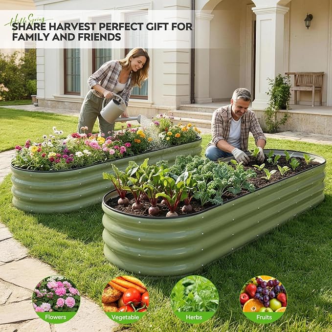 ZORMY Galvanized Raised Garden Bed 1 Pack 8x2x1ft Oval Metal Planter Box Outdoor with Support Rods &amp Corner Protection Planter Beds for Vegetables Fruits Flowers (OliveGreen)