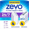 Zevo 4 Flying Insect Traps &amp 4 Cartridges - Plug In Fly Trap &amp Indoor Bug Catcher for Gnats House &amp Fruit Flies - Mess-Free - Use in Any Room - Uses Blue &amp UV Light (4 Plug In Devices