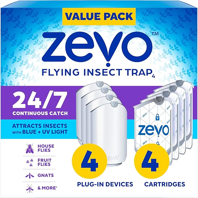 Zevo 4 Flying Insect Traps &amp 4 Cartridges - Plug In Fly Trap &amp Indoor Bug Catcher for Gnats House &amp Fruit Flies - Mess-Free - Use in Any Room - Uses Blue &amp UV Light (4 Plug In Devices