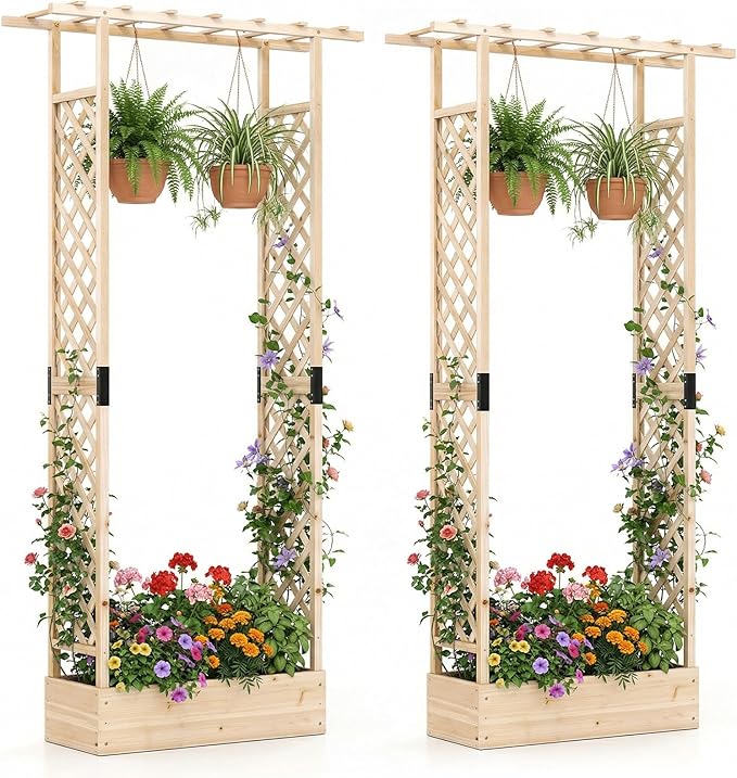 Giantex Wooden Raised Garden Bed with Trellis &amp Hanging Roof 2 Pack Fir Wood Planter Box 89” Freestanding Elevated Garden Bed for Outdoor Climbing Plants Vegetables Flowers Patio &amp Balcony