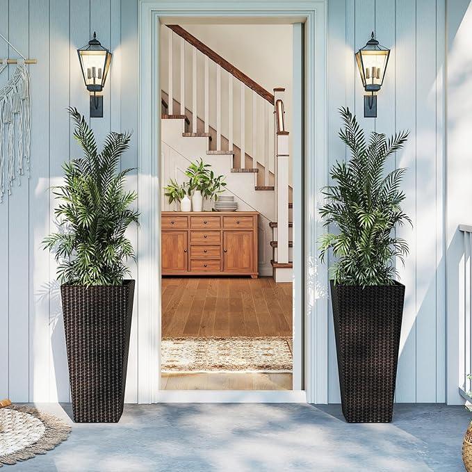 Giantex Set of 2 Outdoor Wicker Flower Pot 30 Inch Tall Planters with Drainage System PE Rattan Flower Pots Indoor Outdoor Decoration for Front Porch Balcony Entryway Dark Brown